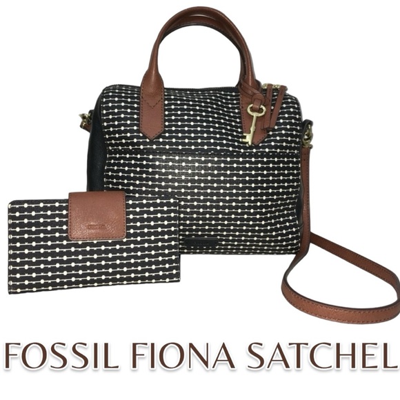 Fossil Handbags - FOSSIL Fiona Satchel Black Off White Faux Leather Handbag Wallet Crossbody Bag